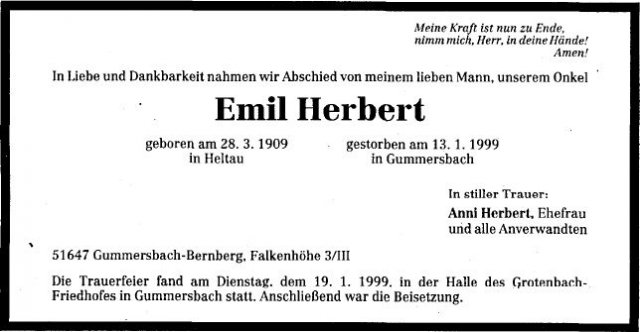 Herbert Emil 1909-1999 Todesanzeige